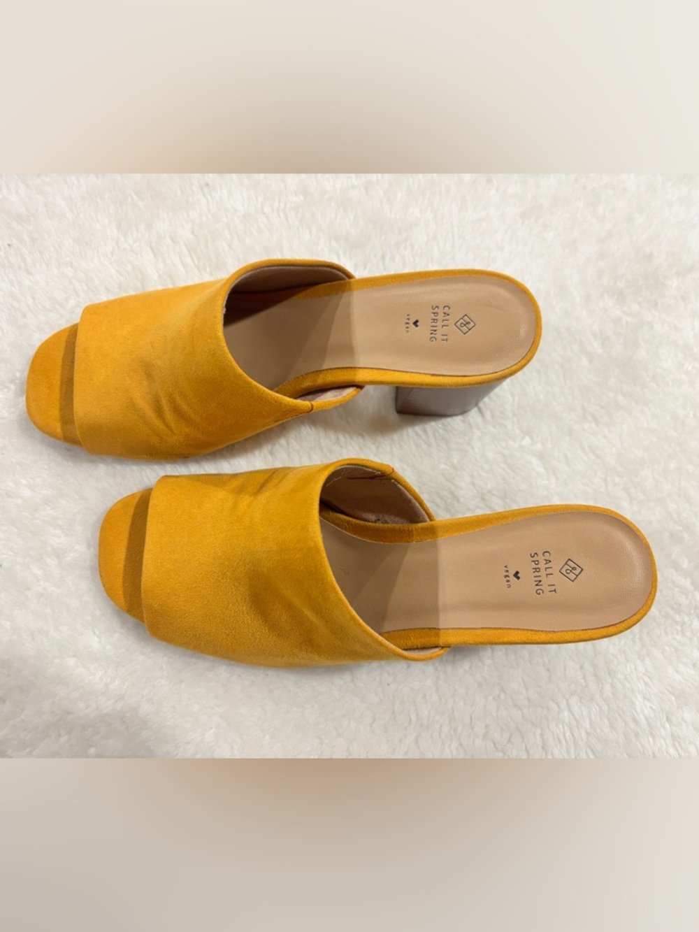 Call It Spring Yellow Suede Open-Square Toe Block Heel Mules
